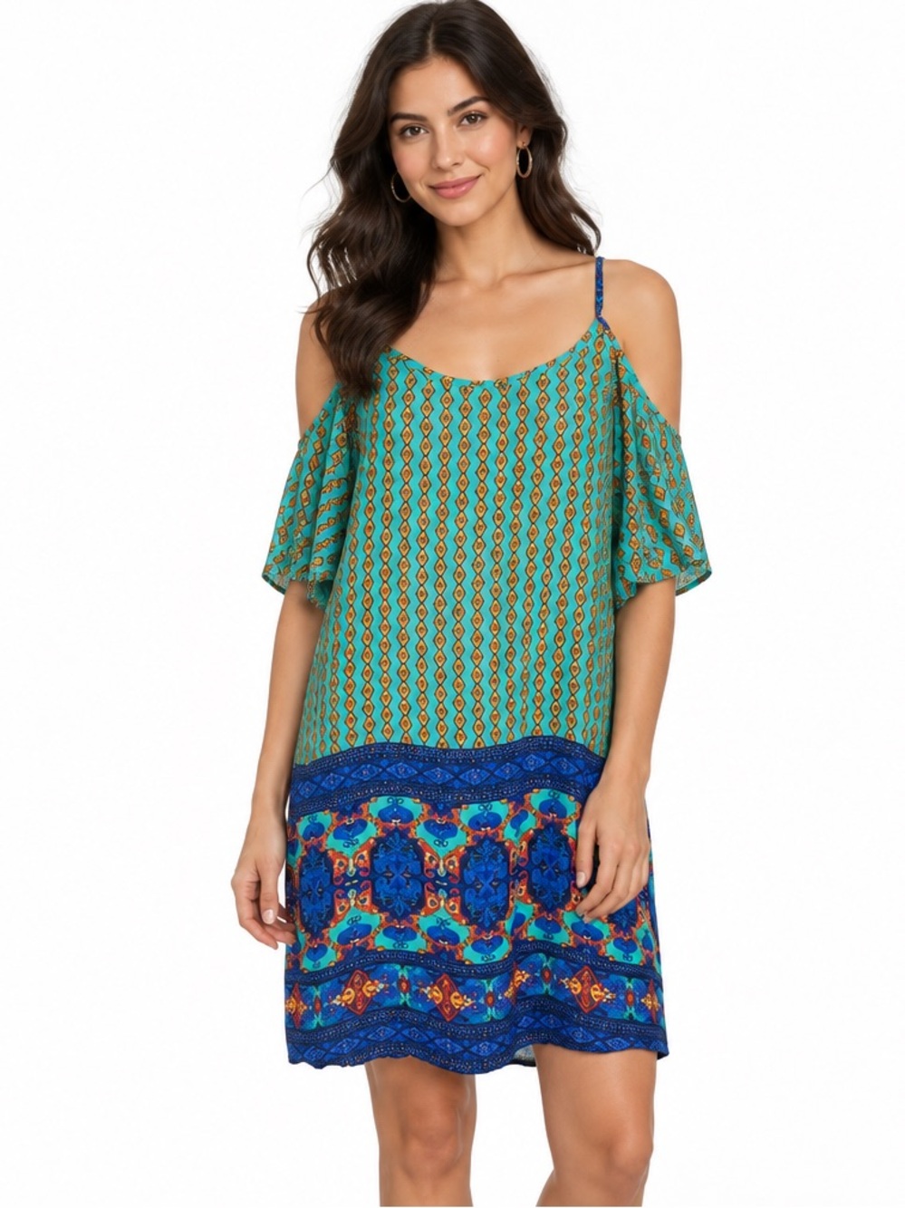 ALYA by Francescas Cold Shoulder Shift Dress Short Sleeve Geometric Womens Large
